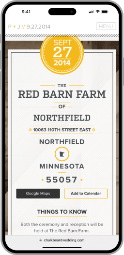 A mobile phone rendering of a website with the stylized venue location portion in view.