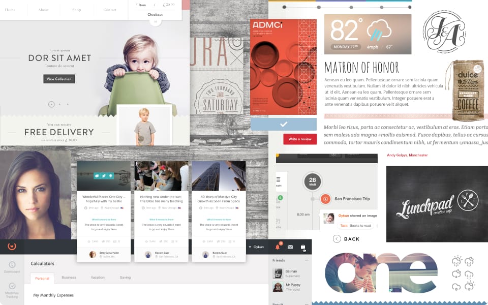 A collection of miscellaneous images used as inspiration for the aesthetics of the featured wedding website.