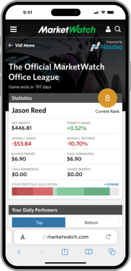 A moble version of that same virtual stock exchange game's dashboard information with an ommited comments section.