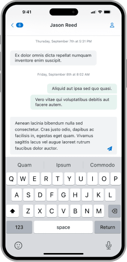 A native mobile messaging application mid conversation with the keyboard exposed.