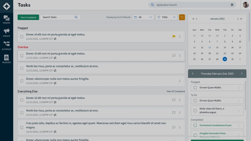 A desktop rendering of a task application inside of a customer relationship management tool. 