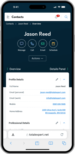 A detailed contact view outlining the individuals name along with personal and professional details attributed to them.