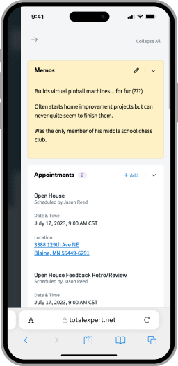 A slide out panel of additional contact information including a scratch pad for notes and a list of scheduled appointments.
