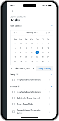 A mobile phone with a task panel exposed from the right hand side displaying a list of relevant tasks for a particular contact.